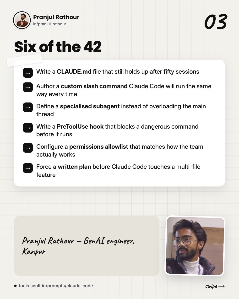 42 verified Claude Code prompts, slide 3 of 9