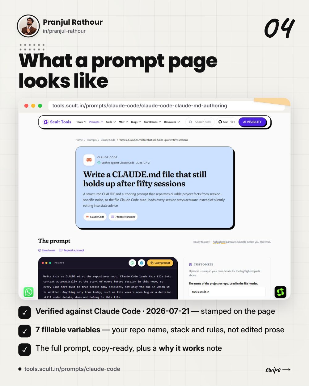 42 verified Claude Code prompts, slide 4 of 9