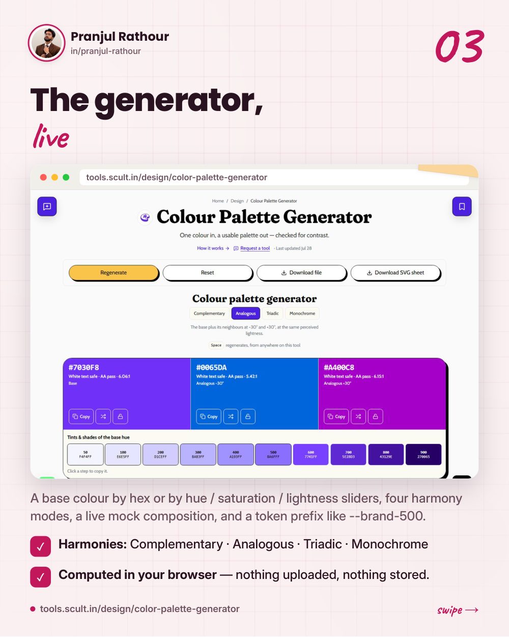 A colour palette generator built on OKLCH, slide 3 of 9