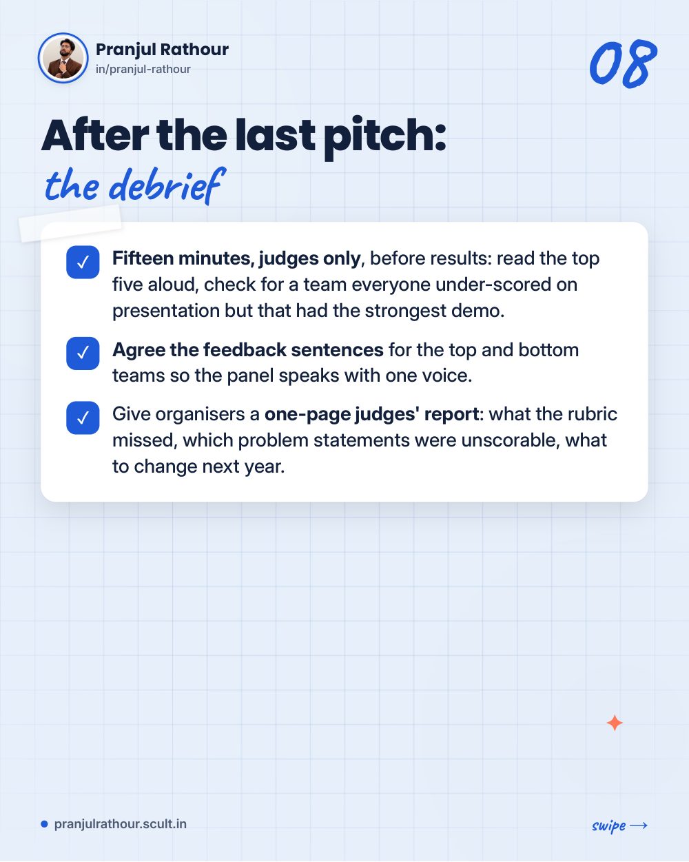 The fifteen-minute judges' briefing every hackathon skips, slide 8 of 10