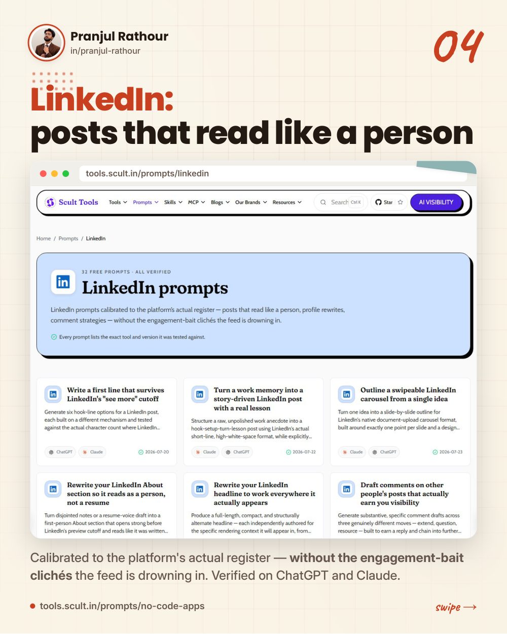 23 no-code app prompts and 32 LinkedIn prompts, slide 4 of 9