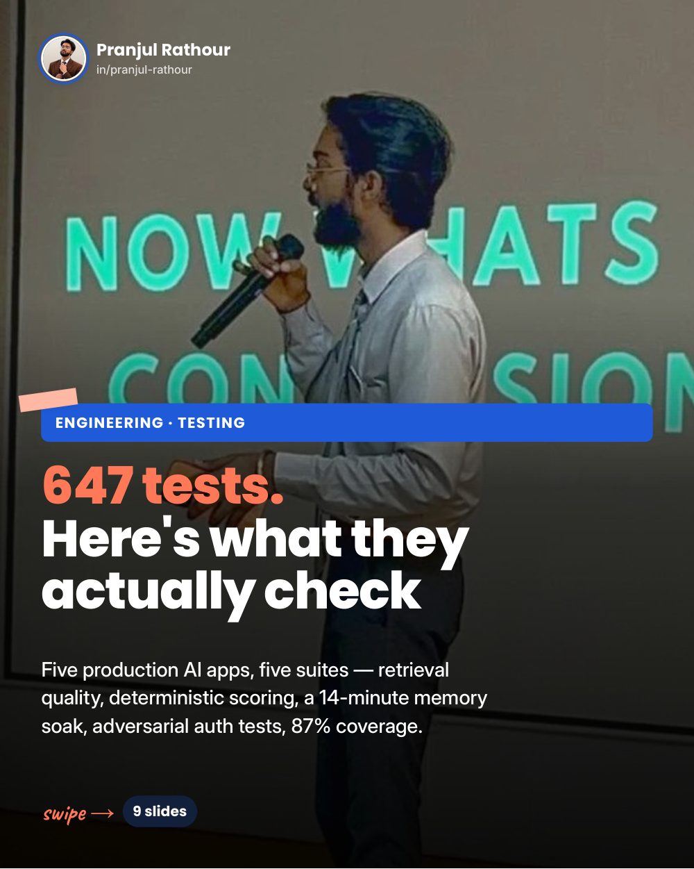 647 tests across five AI apps