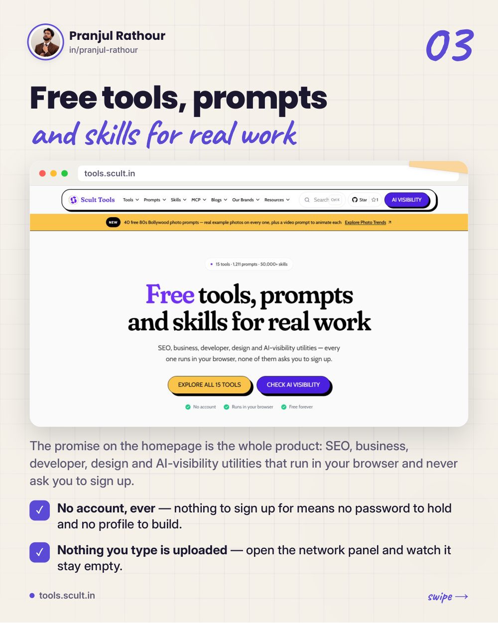 I built 15 free tools, 1,211 prompts and a 50,000-skill library, slide 3 of 12